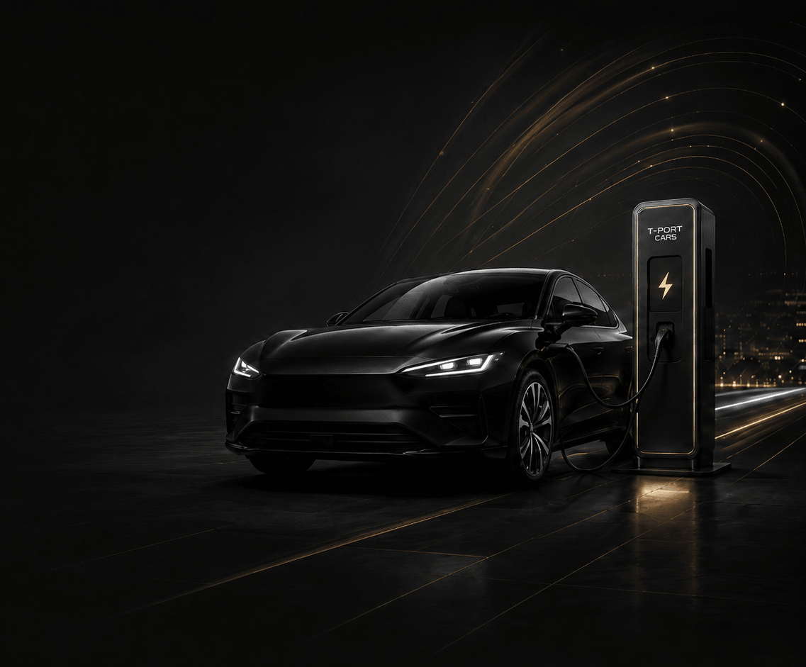 Электромобиль рядом с зарядной станцией T-PORT CARS