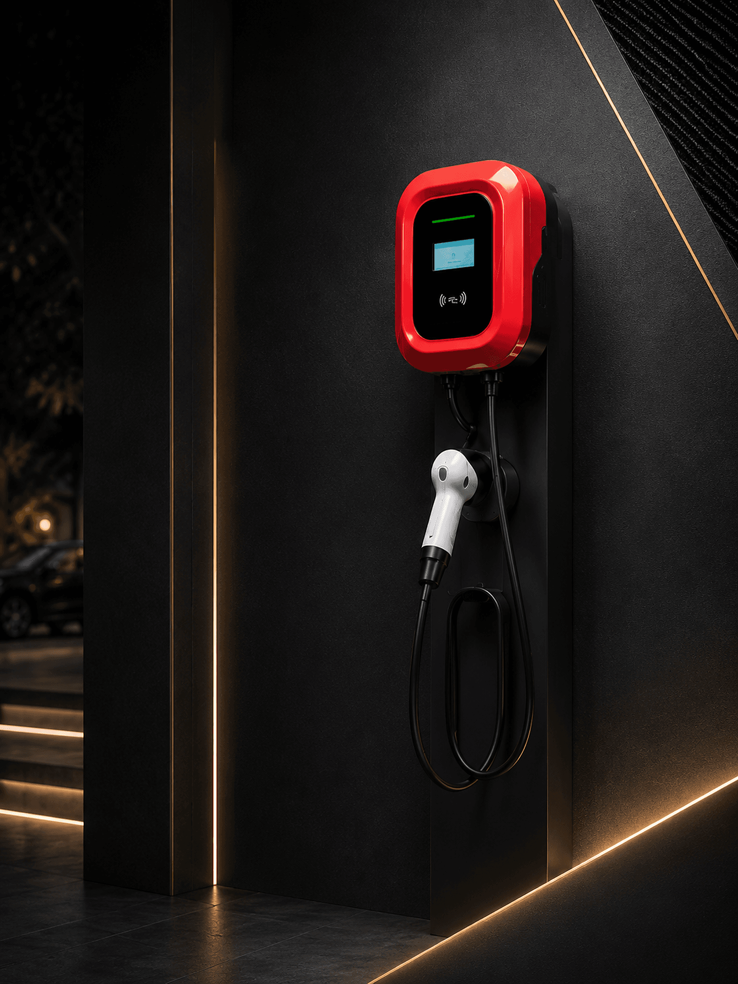 Электромобиль и зарядная станция T-PORT ENERGY у фирменной стены